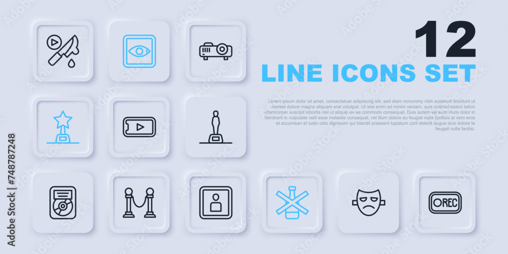Set line Drama theatrical mask, Record button, Online play video, No alcohol, Movie trophy, Rope barrier, Rating movie and Play Video icon. Vector Set line Drama theatrical mask, Record button, Online play video, No alcohol, Movie trophy, Rope barrier, Rating movie and Play Video icon. Vector