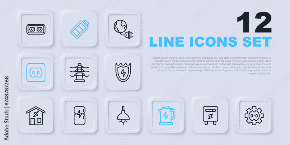 Set line Electric meter, Electrical outlet, tower line, kettle, Refrigerator, Battery charge and Lamp hanging icon. Vector Set line Electric meter, Electrical outlet, tower line, kettle, Refrigerator, Battery charge and Lamp hanging icon. Vector
