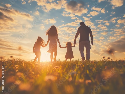 Family walking in the park at sunset