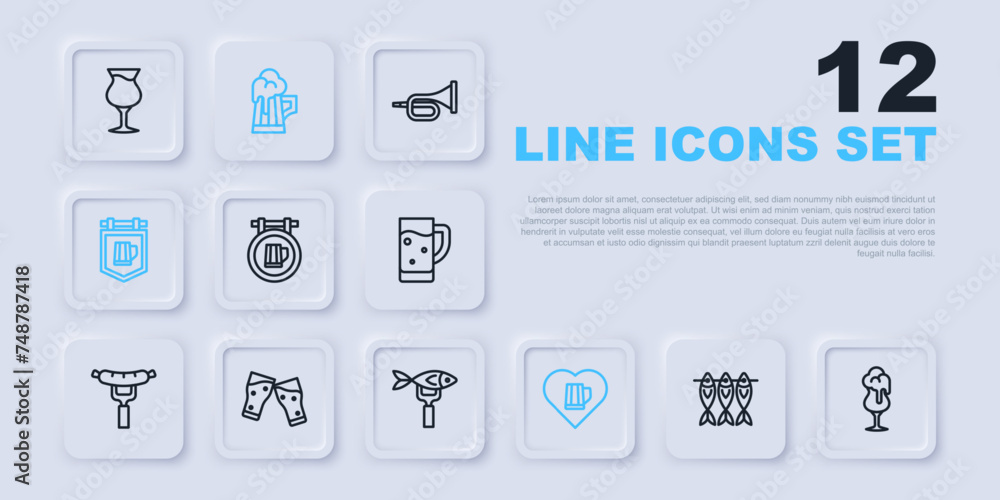 Set line Dried fish, Glass of beer, Street signboard with, Heart glass, Wooden mug and icon. Vector Set line Dried fish, Glass of beer, Street signboard with, Heart glass, Wooden mug and icon. Vector