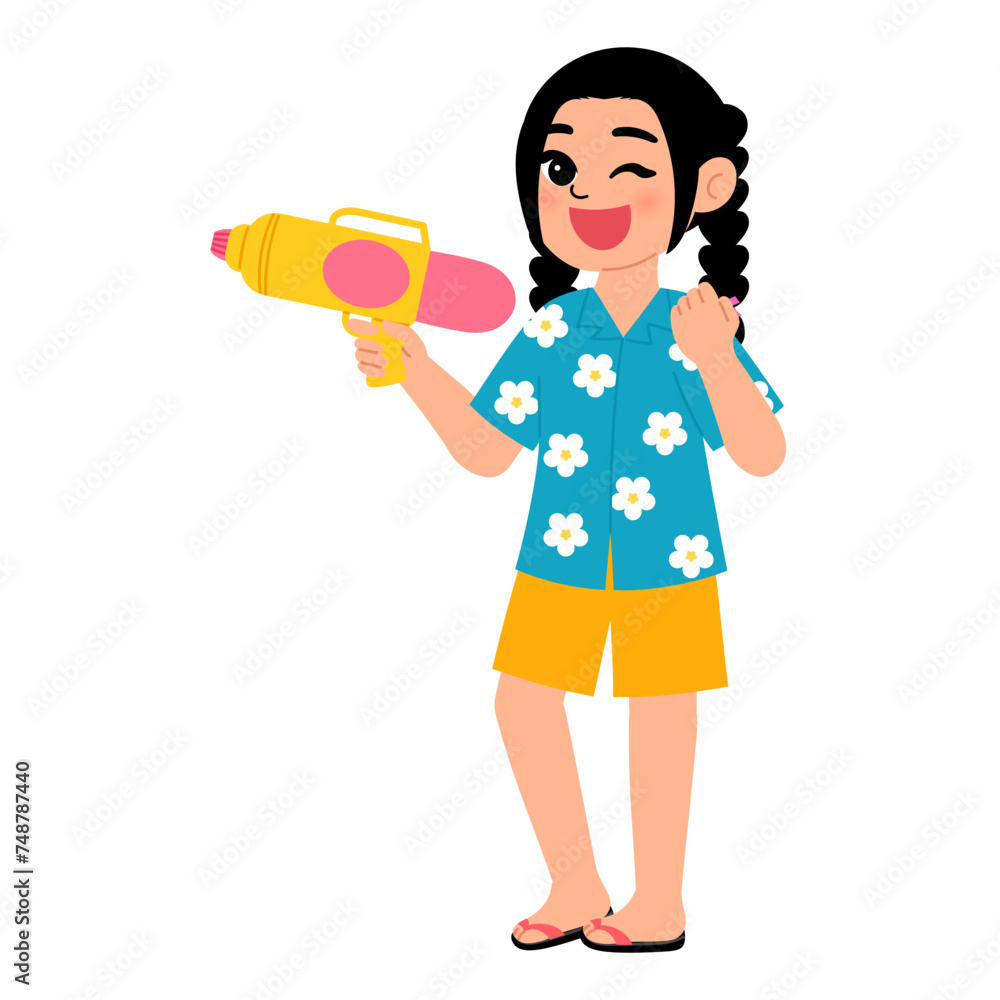 happy girl wearing flower pattern shirt and holding a gun water for having fun in songkran festival cartoon illustration happy girl wearing flower pattern shirt and holding a gun water for having fun in songkran festival cartoon illustration