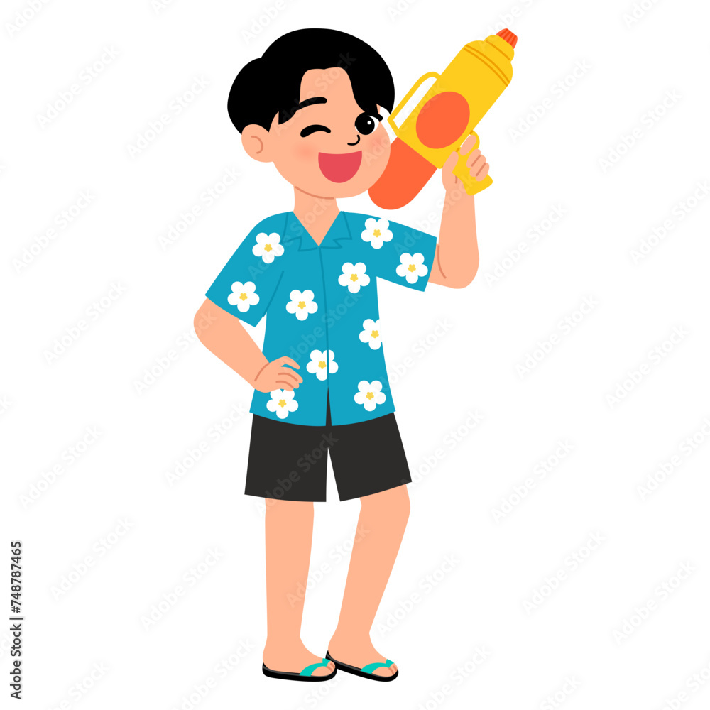 happy boy wearing flower pattern shirt and holding a gun water for having fun in songkran festival cartoon illustration happy boy wearing flower pattern shirt and holding a gun water for having fun in songkran festival cartoon illustration