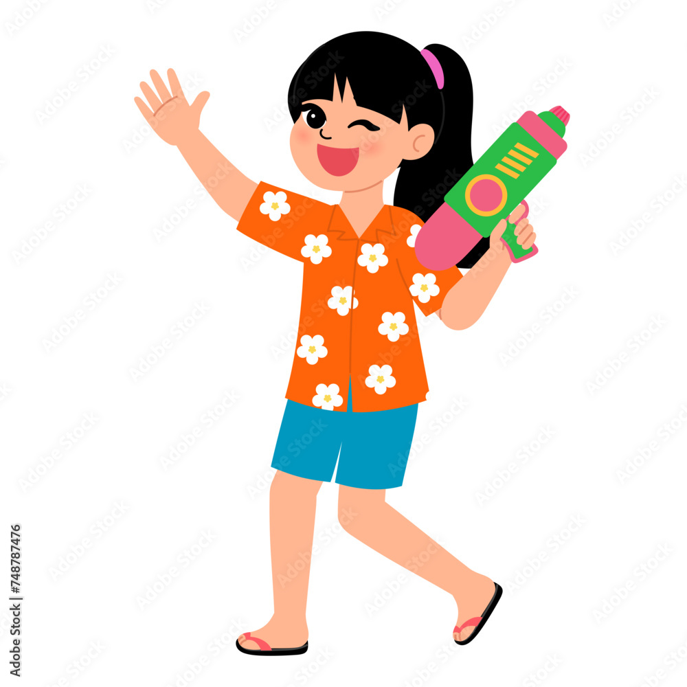 happy girl wearing flower pattern shirt and holding a gun water for having fun in songkran festival cartoon illustration happy girl wearing flower pattern shirt and holding a gun water for having fun in songkran festival cartoon illustration