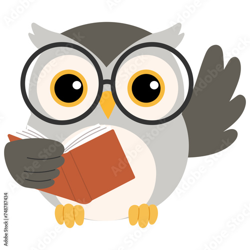 happy cute owl wearing hat and reading book cartoon illustration