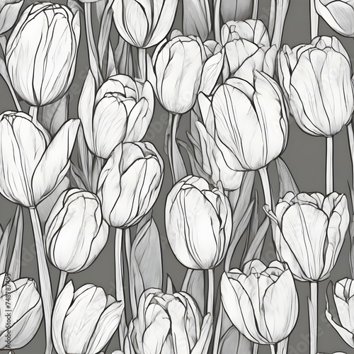 Seamless pattern hand-drawn illustration of cluster of tulips, simple yet elegant manner, for coloring bocks, wallpaper design, essence of spring, beauty of nature