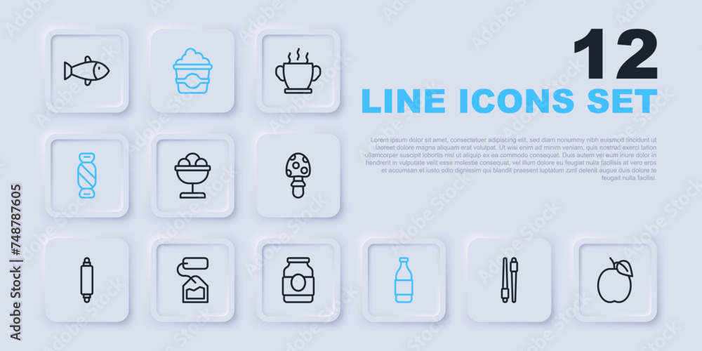 Set line Food chopsticks, Plum fruit, Ice cream in the bowl, Bottle of wine, Candy, Tea bag, Popcorn cardboard box and Jam jar icon. Vector Set line Food chopsticks, Plum fruit, Ice cream in the bowl, Bottle of wine, Candy, Tea bag, Popcorn cardboard box and Jam jar icon. Vector