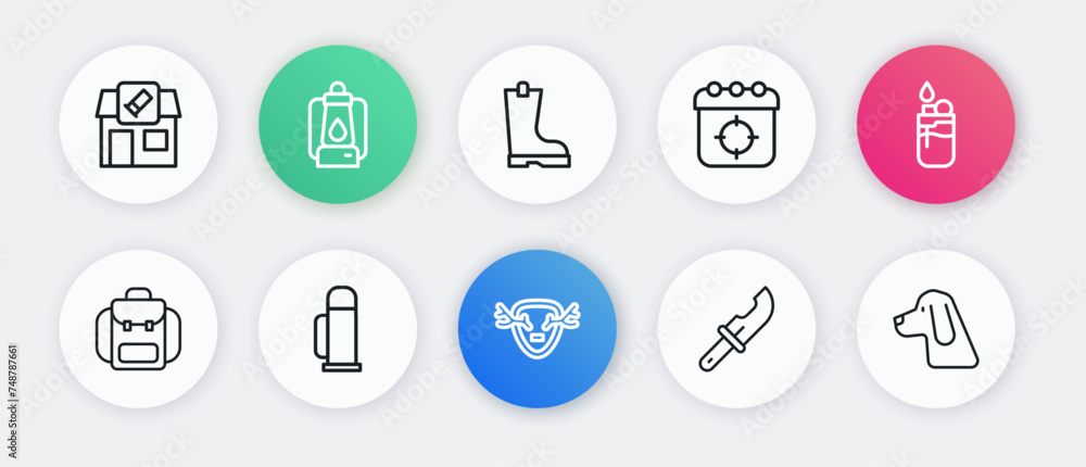 Set line Deer antlers on shield, Lighter, Hiking backpack, Hunter knife, Target sport, Waterproof rubber boot, Hunting dog and Thermos container icon. Vector Set line Deer antlers on shield, Lighter, Hiking backpack, Hunter knife, Target sport, Waterproof rubber boot, Hunting dog and Thermos container icon. Vector
