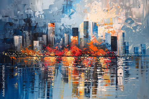 Skyline city view with reflections on water. Acrylic painting on canvas. Generative AI.