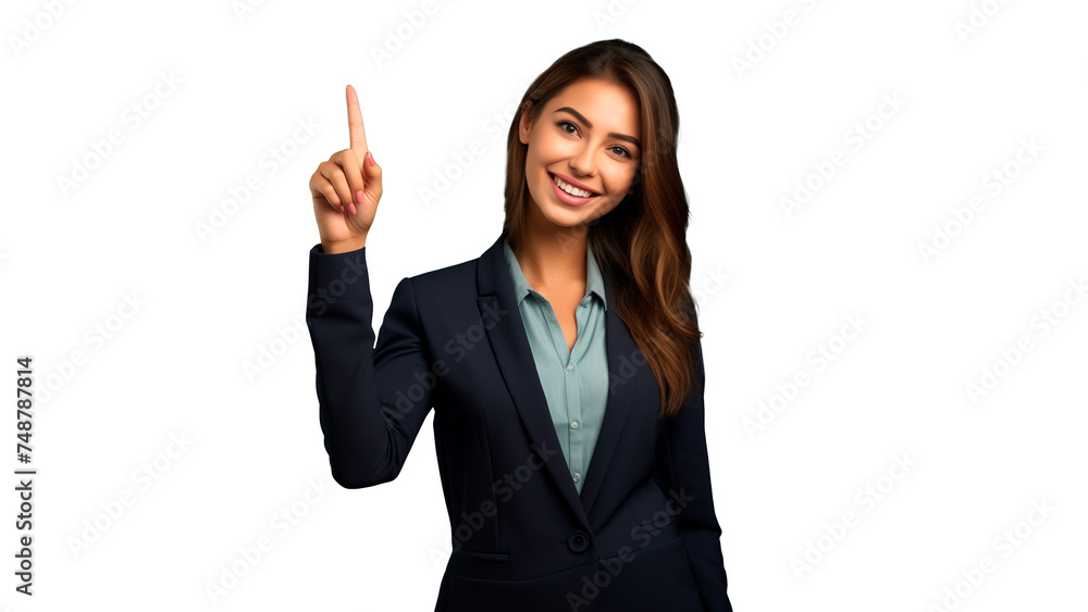 Young happy business woman pointing finger up cut out Young happy business woman pointing finger up cut out