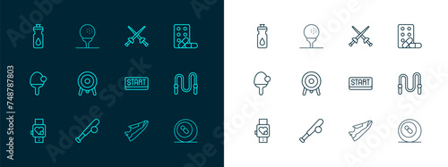 Set line Sports doping with dumbbell, Baseball bat ball, Ribbon finishing line, Fitness sneakers shoes, Target sport, Fencing, shaker and Golf tee icon. Vector