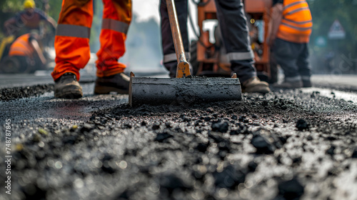 Teamwork of road workers in the work of laying asphalt on a construction site. Leveling with hot asphalt and repairing the road
