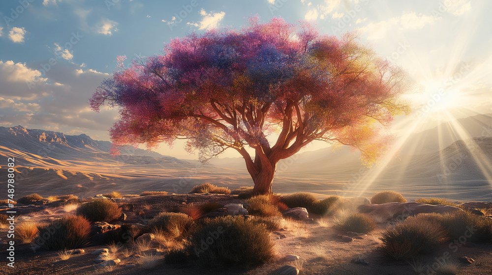 Lonely - Colorful Tree stands in the middle of the bare desert. Hot sun rays pass through the branches of a tree