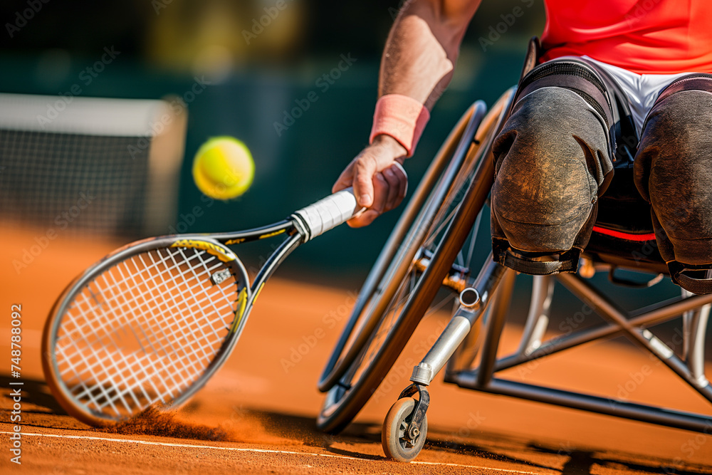 Wheelchair Tennis Athlete Playing on Clay Court - obrazy, fototapety, plakaty 