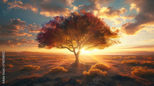 Lonely - Colorful Tree stands in the middle of the bare desert. Hot sun rays pass through the branches of a tree © GeorgeAI
