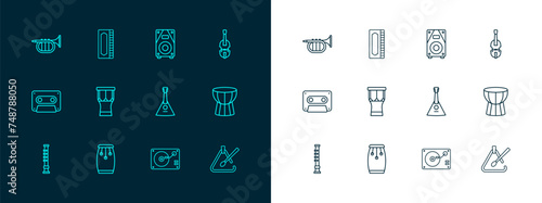 Set line Violin, Conga drums, Balalaika, Vinyl player with vinyl disk, African percussion, Stereo speaker, Trumpet and Harmonica icon. Vector