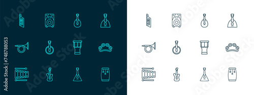 Set line Balalaika, Electric bass guitar, African percussion drum, Banjo, Mandolin, Keytar and Stereo speaker icon. Vector