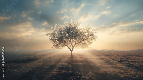 Lonely tree stands in the middle of the bare desert. Hot sun rays pass through the branches of a tree