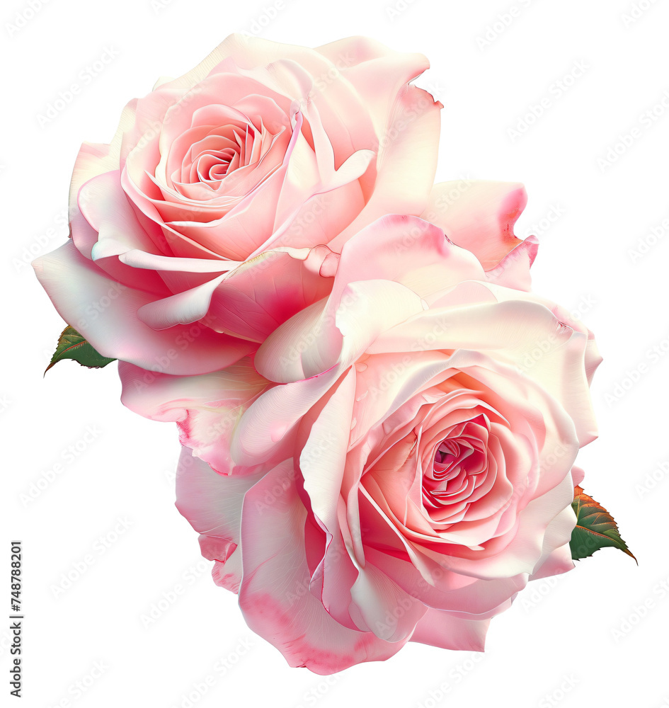 Fototapeta premium A pair of pink roses are shown on a white background.
