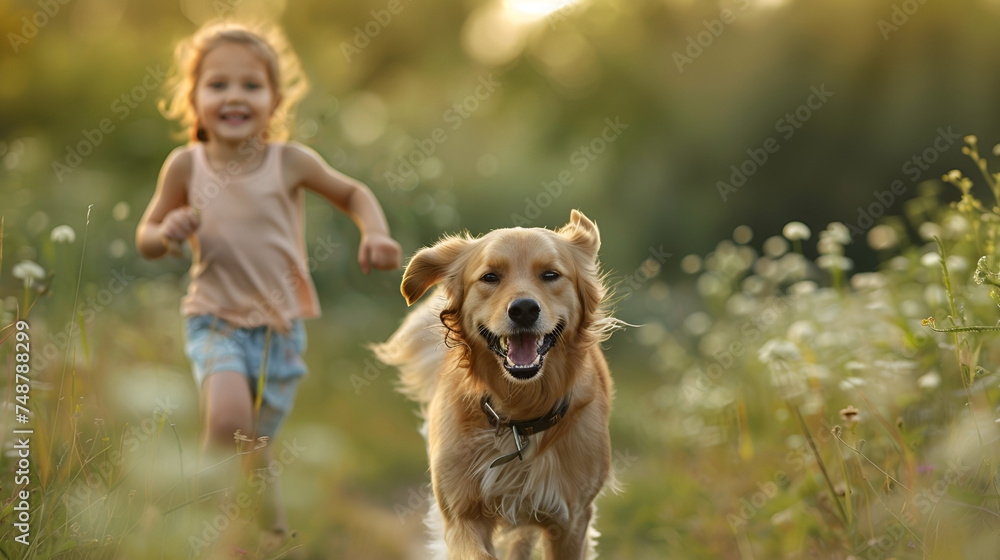 girl playing with a dog in nature,Preschool Happy Girl kid with dog running on nature. Positive smiling child and best pet friend on sunny summer day. Family animal and children, love and friendship

