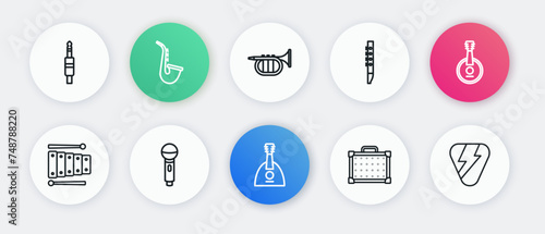 Set line Balalaika, Banjo, Xylophone, Guitar amplifier, Flute, Trumpet, pick and Microphone icon. Vector