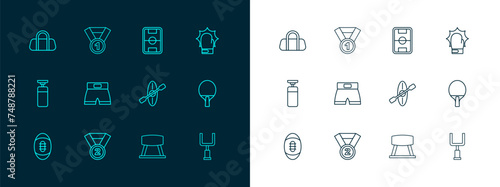 Set line Punch in boxing gloves, Medal, Kayak and paddle, Pommel horse, Boxing short, Football field, Sport bag and icon. Vector