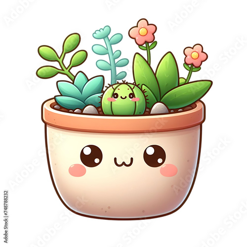 Vector cute plant in pot kawaii character  isolated on a transparent or white background, png	