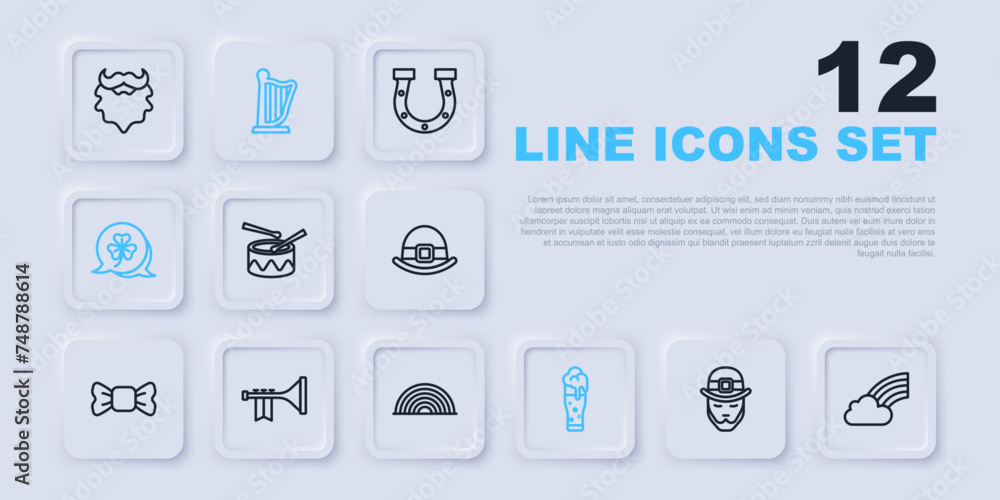 Set line Leprechaun, Rainbow with cloud, Drum drum sticks, Glass of beer, Clover trefoil leaf, Trumpet, Harp and icon. Vector Set line Leprechaun, Rainbow with cloud, Drum drum sticks, Glass of beer, Clover trefoil leaf, Trumpet, Harp and icon. Vector