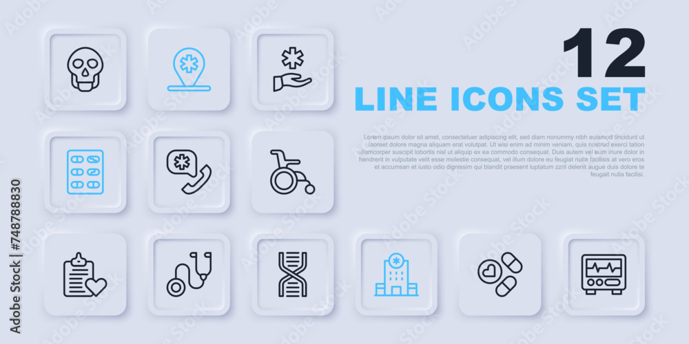 Set line Medicine pill or tablet, Monitor with cardiogram, Emergency call 911, Hospital building, Pills blister pack, Stethoscope, Location hospital and DNA symbol icon. Vector Set line Medicine pill or tablet, Monitor with cardiogram, Emergency call 911, Hospital building, Pills blister pack, Stethoscope, Location hospital and DNA symbol icon. Vector