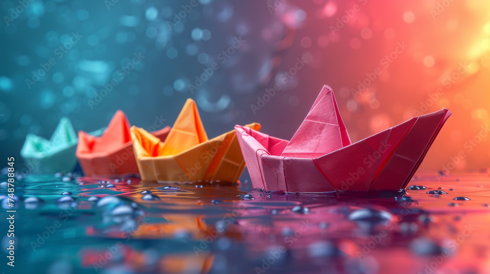 Colorful origami ships. Paper boat floating, paper art style and creative ideas. - obrazy, fototapety, plakaty 