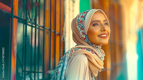 smiling woman in traditional hijab outdoors