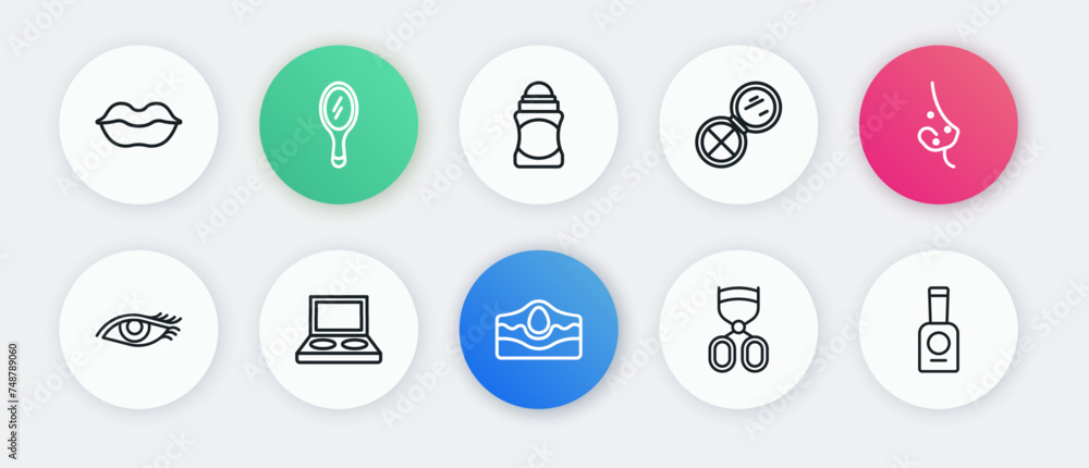 Set line Acne, Woman eye, Eyelash curler, Makeup powder with mirror, Deodorant roll, Bottle of nail polish and shadow palette brush icon. Vector Set line Acne, Woman eye, Eyelash curler, Makeup powder with mirror, Deodorant roll, Bottle of nail polish and shadow palette brush icon. Vector