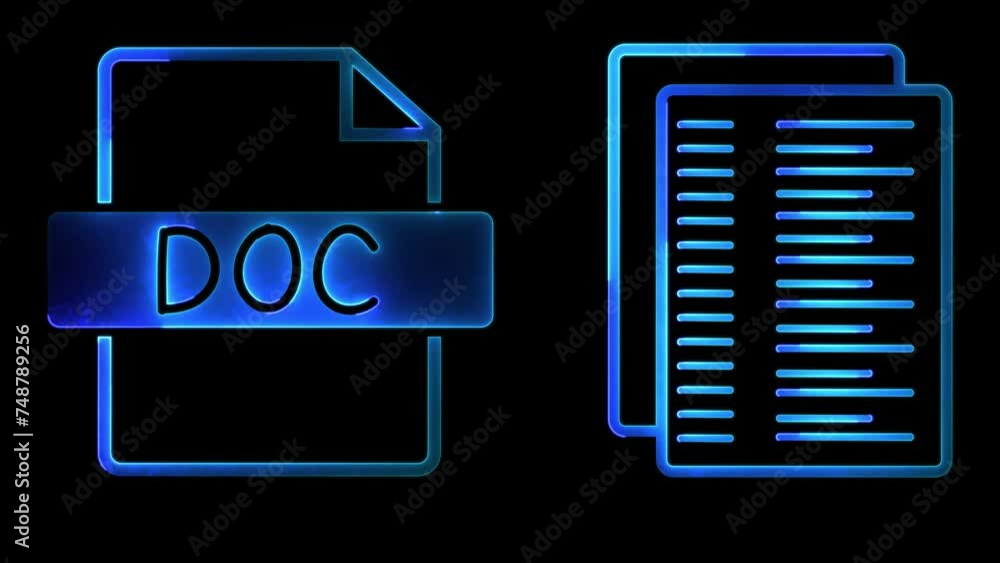 Glowing looping icon document neon effect, black background Glowing looping icon document neon effect, black background