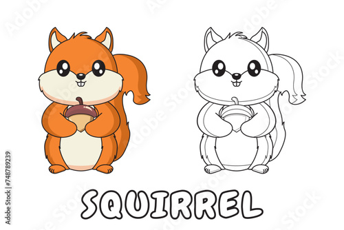 Vector coloring page illustration of cute cartoon squirrel carrying nuts, perfect for children's coloring books