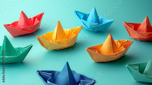 Colorful origami ships. Paper boat floating  paper art style and creative ideas.