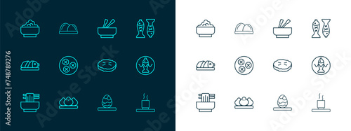 Set line Served fish on a plate, Dumpling, Homemade pie, Chinese tea egg, Wonton, Asian noodles bowl, Rice and Sushi icon. Vector
