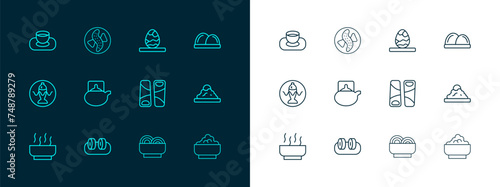 Set line Sushi, Guotie, Asian noodles in bowl, Traditional tea ceremony, Chinese egg, Soy sauce and Served cucumber plate icon. Vector