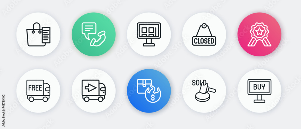 Set line Hot price, Stars rating, Free delivery service, Auction hammer, Hanging sign with text Closed, Online shopping screen, Buy button and Delivery cargo truck icon. Vector