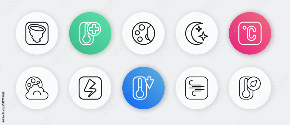 Set line Thermometer, Celsius, Cloud with moon, Wind, Moon and stars, phases, and Lightning bolt icon. Vector Set line Thermometer, Celsius, Cloud with moon, Wind, Moon and stars, phases, and Lightning bolt icon. Vector