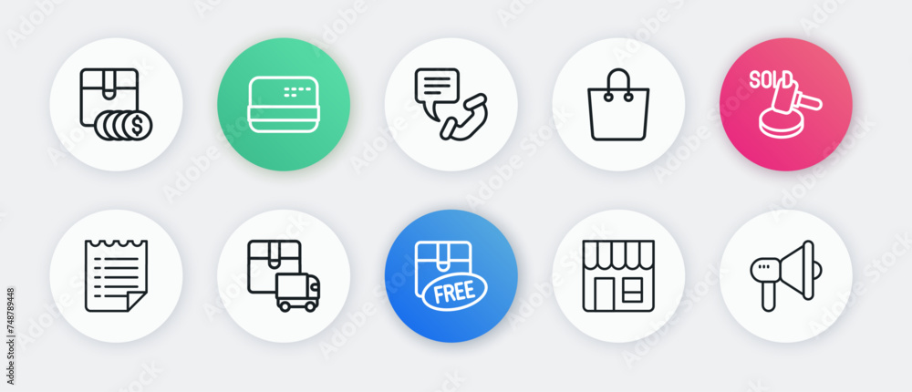 Set line Cardboard box with free symbol, Auction hammer, Wish list template, Market store, Paper shopping bag, Telephone 24 hours support, Megaphone and Delivery cargo truck icon. Vector Set line Cardboard box with free symbol, Auction hammer, Wish list template, Market store, Paper shopping bag, Telephone 24 hours support, Megaphone and Delivery cargo truck icon. Vector