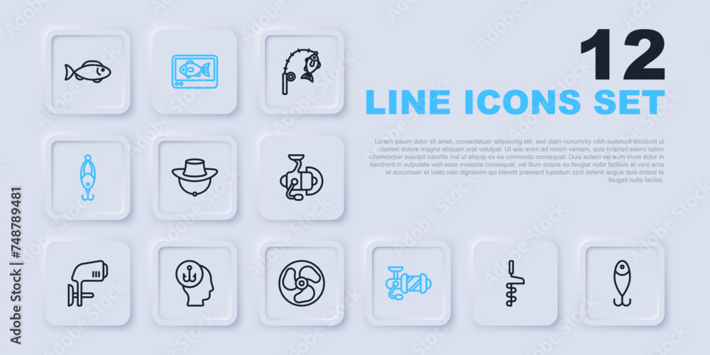 Set line Hand ice drill, Fishing lure, Fisherman hat, Spinning reel for fishing, finder echo sounder and Outboard boat motor icon. Vector Set line Hand ice drill, Fishing lure, Fisherman hat, Spinning reel for fishing, finder echo sounder and Outboard boat motor icon. Vector