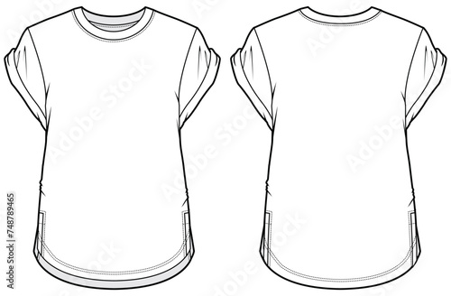 Men's Short sleeve Oversize Crew neck T Shirt flat sketch fashion illustration drawing template mock up with front and back view, Oversized baggy t-shirt with folded sleeve vector template