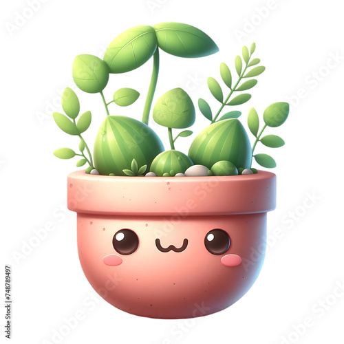Vector cute plant in pot kawaii character  isolated on a transparent or white background, png	