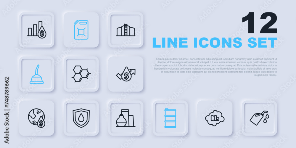 Set line CO2 emissions in cloud, Canister for motor machine oil, Molecule, Barrel, Oil drop shield, gasoline and tank storage icon. Vector Set line CO2 emissions in cloud, Canister for motor machine oil, Molecule, Barrel, Oil drop shield, gasoline and tank storage icon. Vector