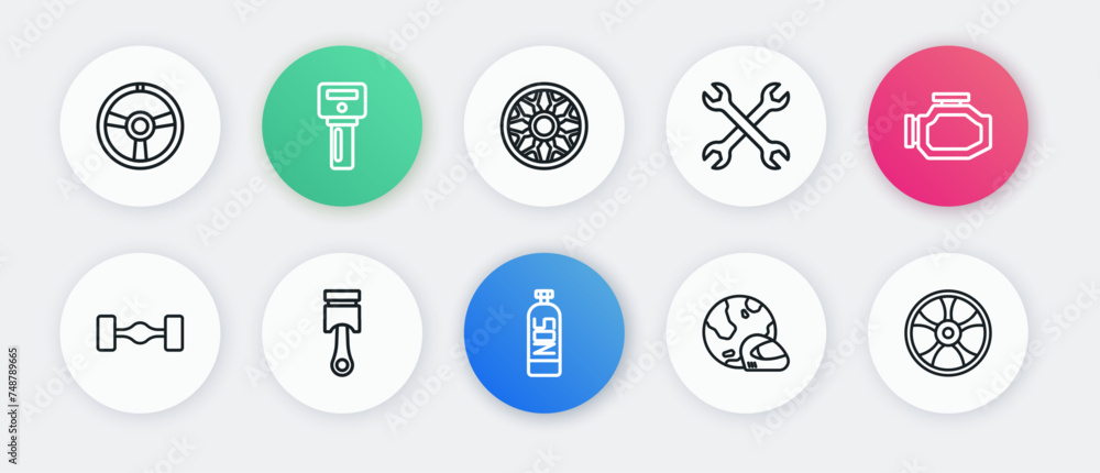 Set line Nitrous oxide, Check engine, Chassis car, Racing helmet, Wrench spanner, Alloy wheel for, and Engine piston icon. Vector Set line Nitrous oxide, Check engine, Chassis car, Racing helmet, Wrench spanner, Alloy wheel for, and Engine piston icon. Vector