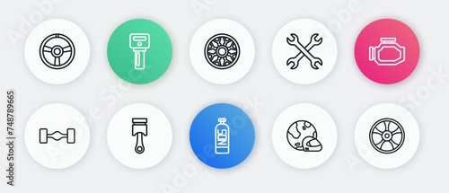Set line Nitrous oxide, Check engine, Chassis car, Racing helmet, Wrench spanner, Alloy wheel for, and Engine piston icon. Vector