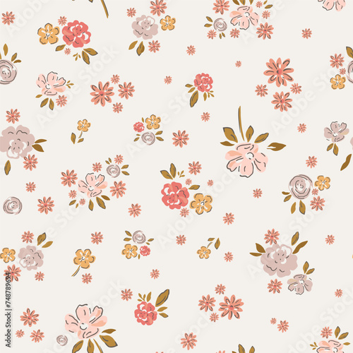 A delicate seamless pattern depicting pink, red and orange wildflowers on a light background.