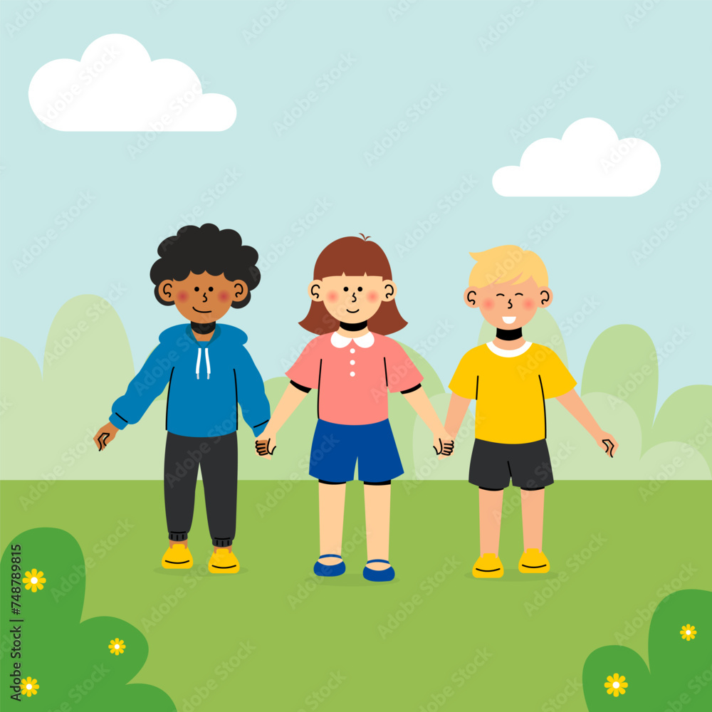Children Holding Hand and Walking Illustration