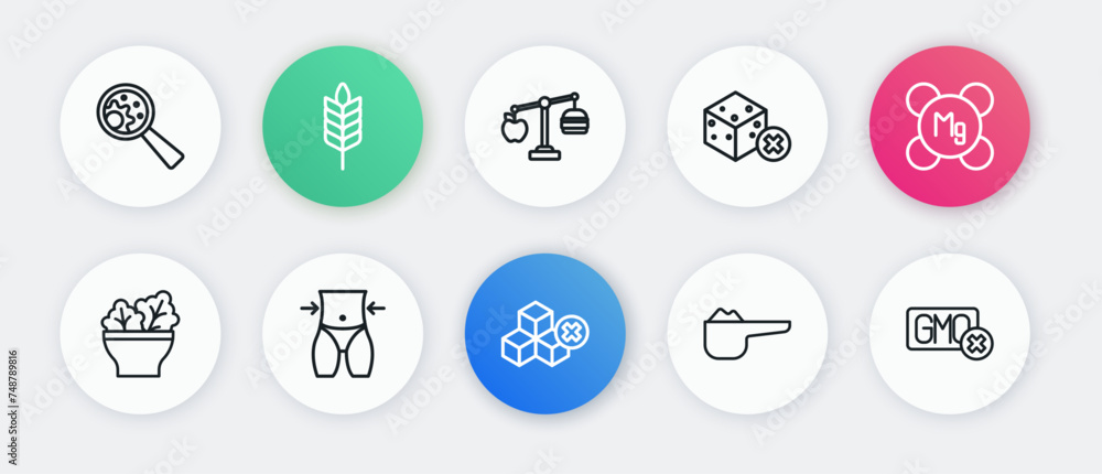 Set line No sugar free, Magnesium, Salad in bowl, Sports nutrition proteine, Calorie calculator, GMO and Women waist icon. Vector Set line No sugar free, Magnesium, Salad in bowl, Sports nutrition proteine, Calorie calculator, GMO and Women waist icon. Vector