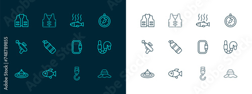 Set line Compass, Fish, Carabiner, Spring scale, Aqualung, Dead fish, Fishing jacket and icon. Vector