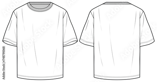 Men's Short sleeve Oversize Crew neck T Shirt flat sketch fashion illustration drawing template mock up with front and back view, Oversized baggy round neck t-shirt vector template